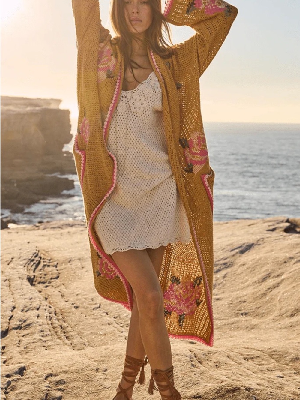 Spell Mustard Crochet Cardigan with Pink Floral Trim